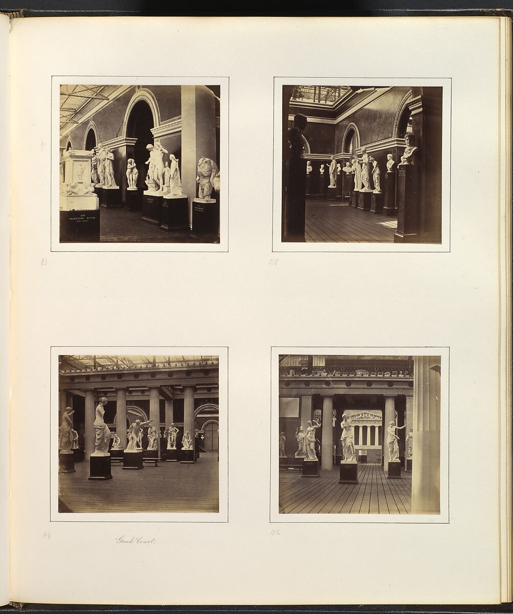 [Sculpture Court Flanked by Torso of Marsyas and Sacrificial Altar; Sculpture Court with Bust of Caracalla; Greek Court with Sculptures of Mercury, Faun, and Ariadne; Roman Court with Three Sculptures of Venus], Attributed to Philip Henry Delamotte (British, 1821–1889), Albumen silver print from glass negative 