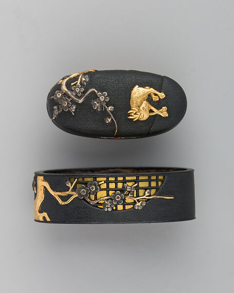 Sword-Hilt Collar and Pommel (Fuchigashira), Copper-gold alloy (shakudō), gold, Japanese 