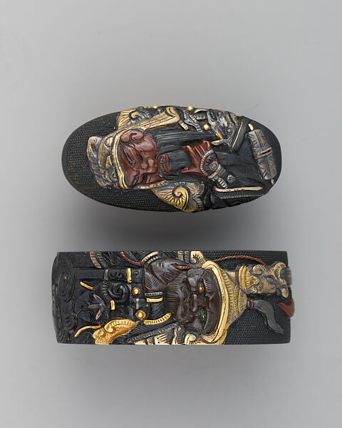 Sword-Hilt Collar and Pommel (Fuchigashira), Copper-gold alloy (shakudō), Japanese 