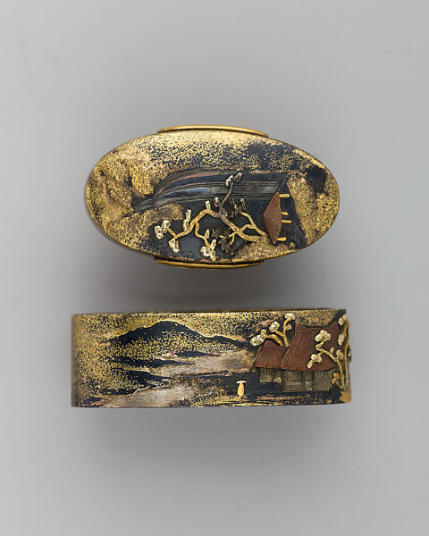 Sword-Hilt Collar and Pommel (Fuchigashira), Copper-silver alloy (shibuichi), gold, Japanese 