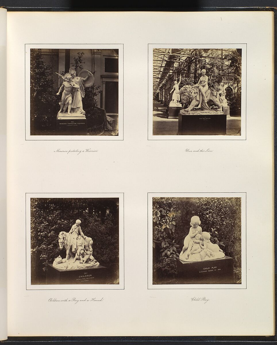 [Sculptures of Minerva Protecting a Warrior, Una and the Lion, Children with a Pony and a Hound, and Child Play], Attributed to Philip Henry Delamotte (British, 1821–1889), Albumen silver print from glass negative 