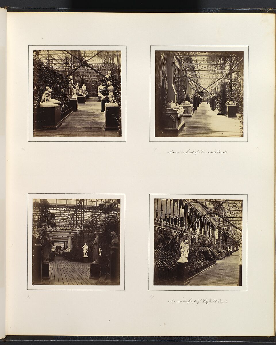 [Court of French and Italian Sculpture; Avenue in Front of Fine Arts Courts; View into Classical Sculpture Gallery; Avenue in Front of Sheffield Court], Attributed to Philip Henry Delamotte (British, 1821–1889), Albumen silver print from glass negative 