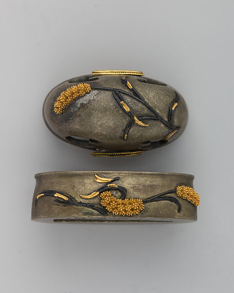 Sword-Hilt Collar and Pommel (Fuchigashira), Copper-silver alloy (shibuichi), gold, copper-gold alloy (shakudō), Japanese 