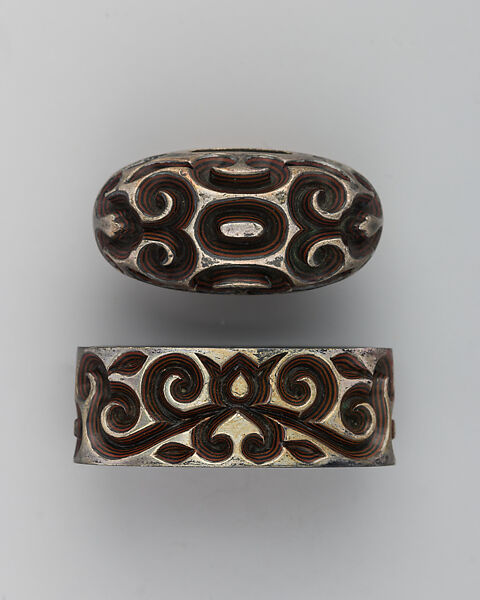 Sword-Hilt Collar and Pommel (Fuchigashira), Silver, copper-gold alloy (shakudō), copper, Japanese 
