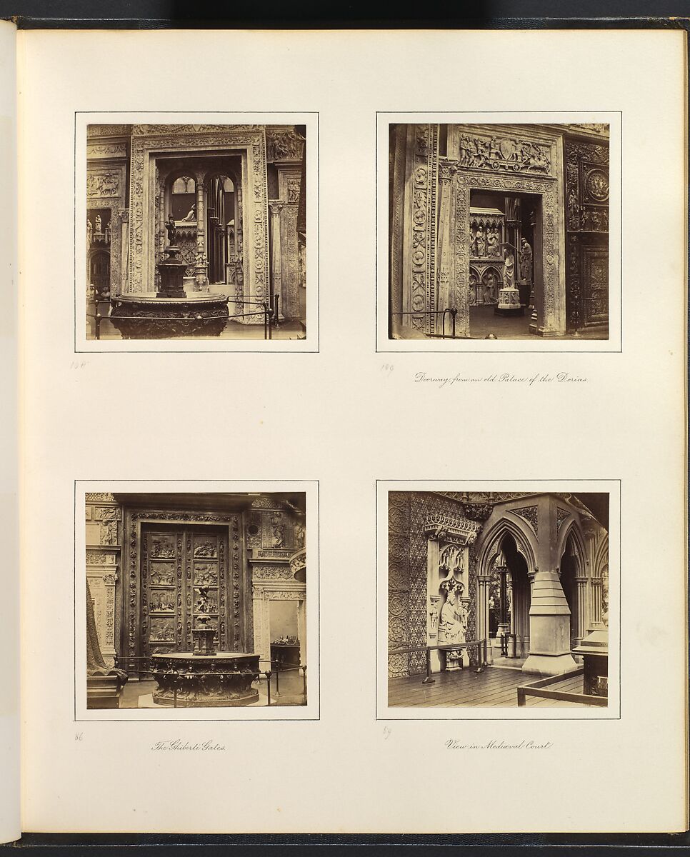 [Entryway to the Renaissance Court; Doorway from an Old Palace of the Dorias; The Ghiberti Gates; View in Medieval Court], Attributed to Philip Henry Delamotte (British, 1821–1889), Albumen silver print from glass negative 
