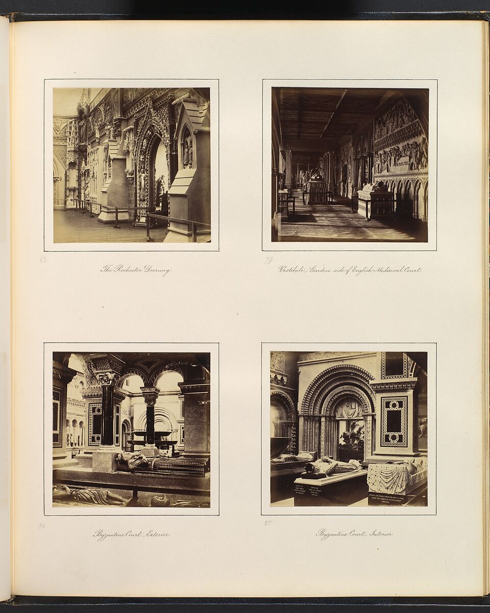 [The Rochester Doorway; Vestibule, Garden Side of English Medieval Court; Byzantine Court Exterior and Interior], Attributed to Philip Henry Delamotte (British, 1821–1889), Albumen silver print from glass negative 