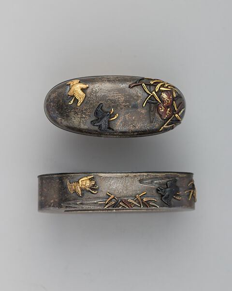 Sword-Hilt Collar and Pommel (Fuchigashira), Copper-silver alloy (shibuichi), gold, copper-gold alloy (shakudō), Japanese 