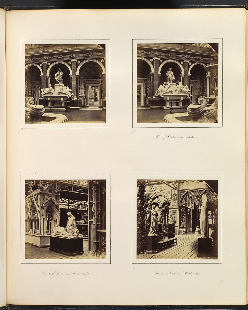 [Tomb of Lorenzo de Medici; Tomb of Giuliano de Medici; Court of Christian Monuments; German Medieval Vestibule], Attributed to Philip Henry Delamotte (British, 1821–1889), Albumen silver print from glass negative 