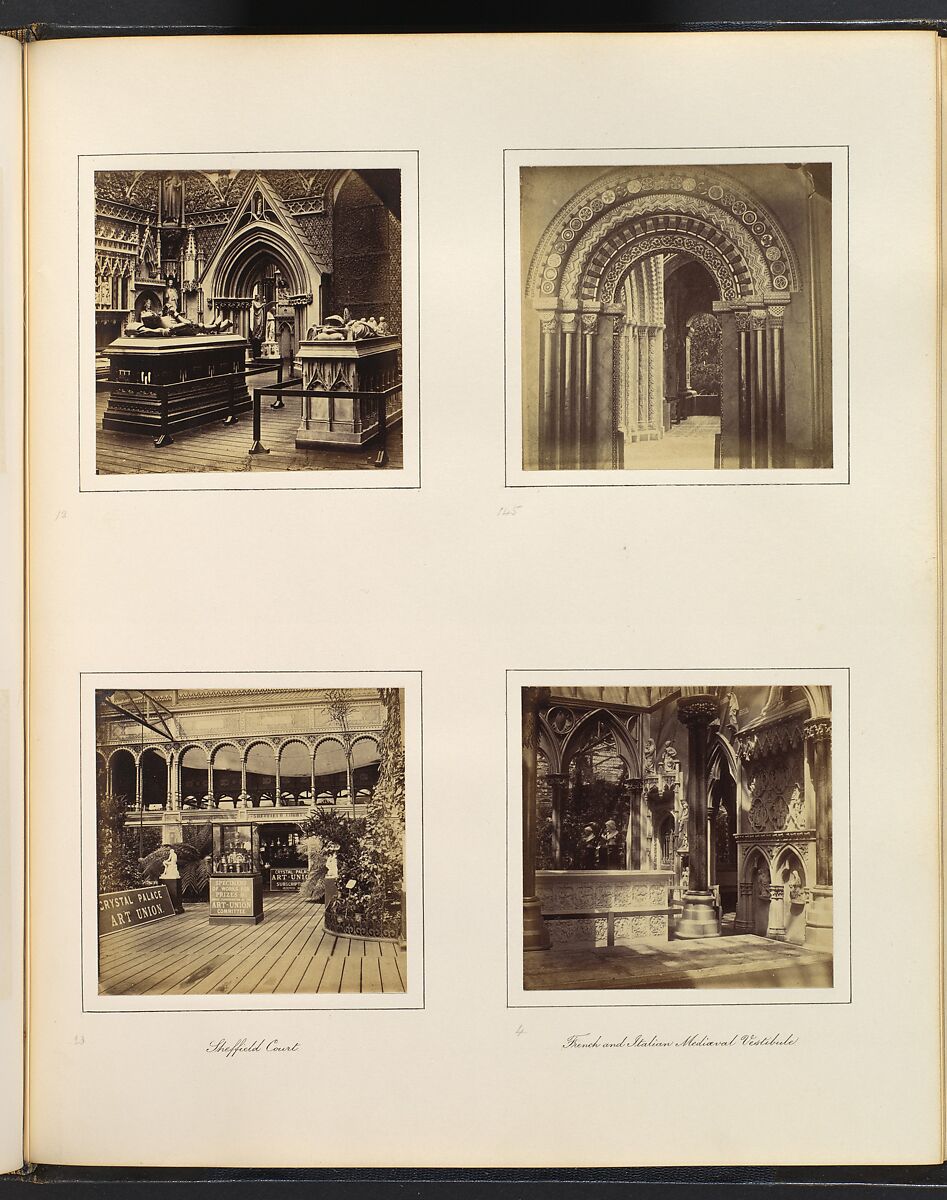 [Medieval Court; Entryway to Byzantine Court; Sheffield Court; French and Italian Mediaeval Vestibule], Attributed to Philip Henry Delamotte (British, 1821–1889), Albumen silver print from glass negative 