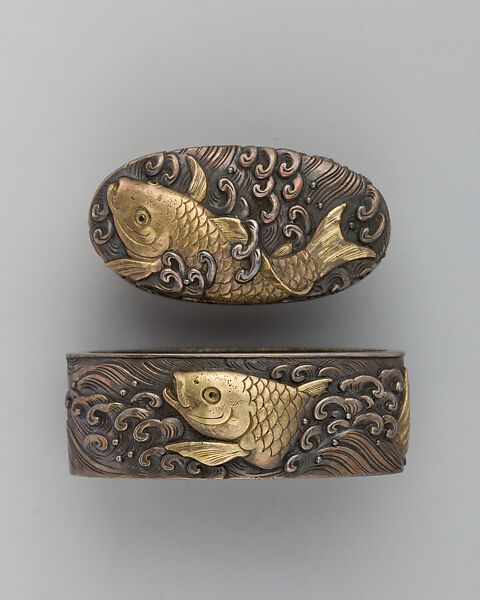 Sword-Hilt Collar and Pommel (Fuchigashira), Copper-silver alloy (shibuichi), gold, silver, Japanese 