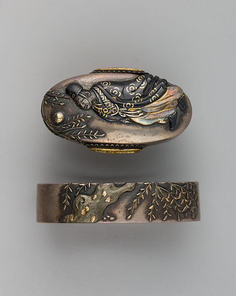 Sword-Hilt Collar and Pommel (Fuchigashira), Copper-silver alloy (shibuichi), gold, copper-gold alloy (shakudō), Japanese 