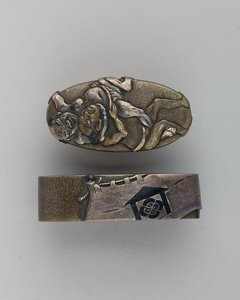 Sword-Hilt Collar and Pommel (Fuchigashira), Copper-silver alloy (shibuichi), gold, copper-gold alloy (shakudō), Japanese 