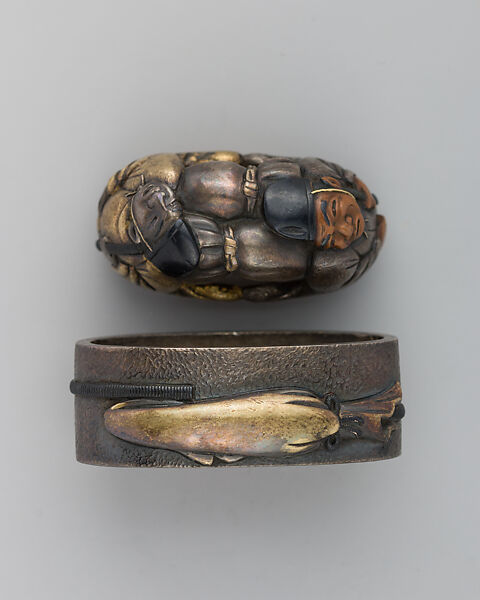 Sword-Hilt Collar and Pommel (Fuchigashira), Copper-silver alloy (shibuichi), copper-gold alloy (shakudō), Japanese 