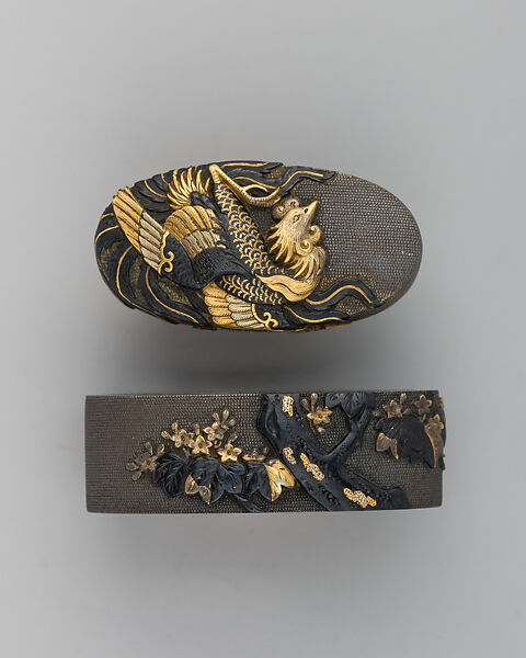 Sword-Hilt Collar and Pommel (Fuchigashira), Copper-silver alloy (shibuichi), gold, copper-gold alloy (shakudō), Japanese 