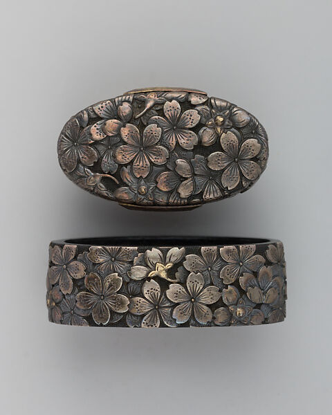 Sword-Hilt Collar and Pommel (Fuchigashira), Copper-gold alloy (shakudō), silver, Japanese 