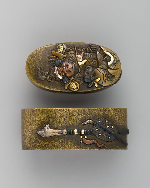 Sword-Hilt Collar and Pommel (Fuchigashira), Gold, copper-gold alloy (shakudō), Japanese 