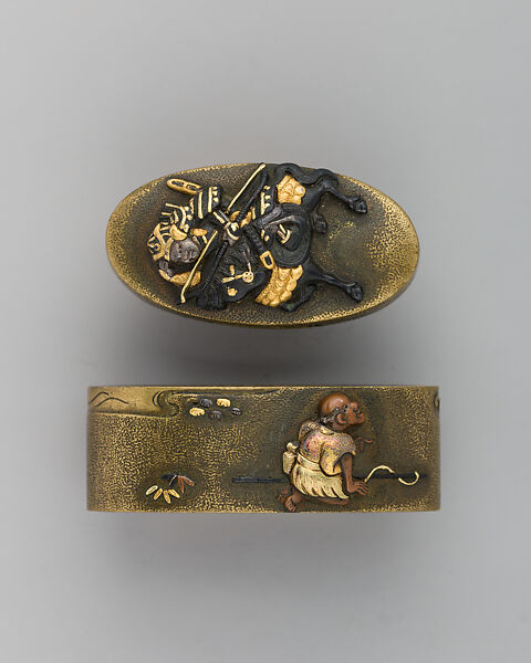 Sword-Hilt Collar and Pommel (Fuchigashira), Gold, copper-gold alloy (shakudō), Japanese 