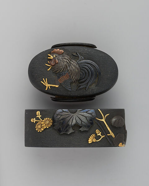 Sword-Hilt Collar and Pommel (Fuchigashira), Copper-gold alloy (shakudō), gold, Japanese 