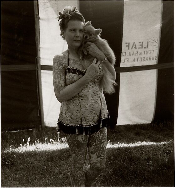 Tattooed lady with dog, Philadelphia, Pa., Diane Arbus (American, New York 1923–1971 New York), Gelatin silver print 