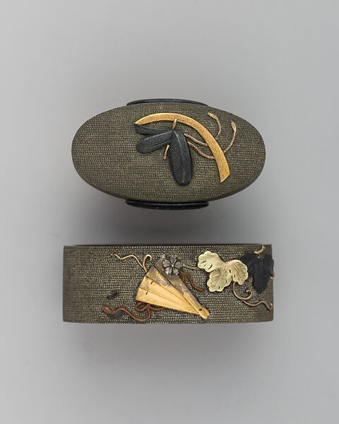 Sword-Hilt Collar and Pommel (Fuchigashira), Copper-silver alloy (shibuichi), gold, Japanese 