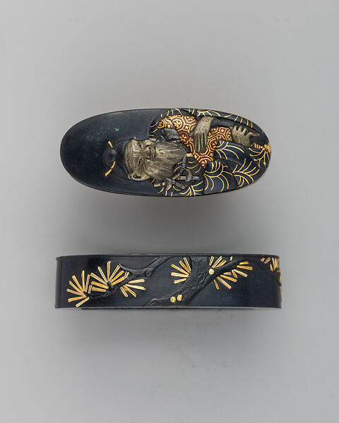 Sword-Hilt Collar and Pommel (Fuchigashira), Copper-gold alloy (shakudō), gold, copper-silver alloy (shibuichi), Japanese 