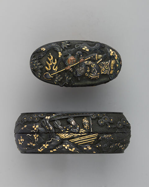 Sword-Hilt Collar and Pommel (Fuchigashira), Copper-gold alloy (shakudō), gold, copper-silver alloy (shibuichi), Japanese 