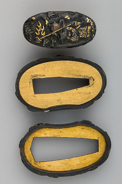 Sword-Hilt Collar and Pommel (Fuchigashira), Copper-gold alloy (shakudō), gold, copper-silver alloy (shibuichi), Japanese