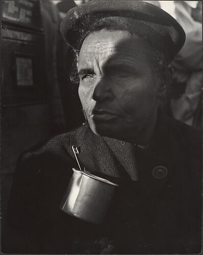 [Blind Man with Tin Cup Attached to Winter Coat, New York]