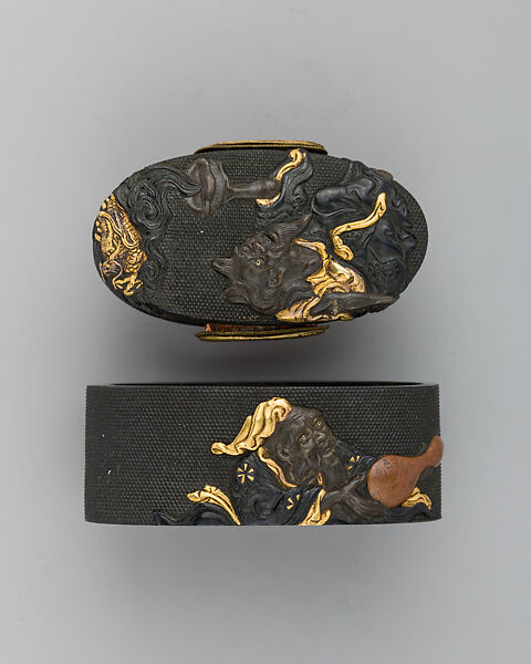 Sword-Hilt Collar and Pommel (Fuchigashira), Copper-gold alloy (shakudō), gold, Japanese 