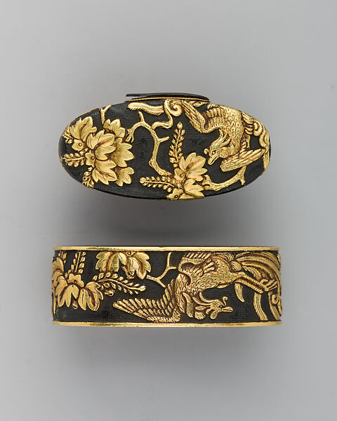Sword-Hilt Collar and Pommel (Fuchigashira), Copper-gold alloy (shakudō), gold, Japanese 