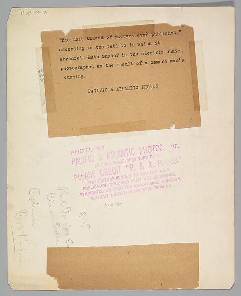 [Electrocution of Ruth Snyder, Sing Sing Prison, Ossining, New York], Tom Howard (American, 1894–1961), Gelatin silver print