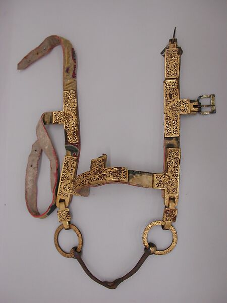 Bridle, Iron, gold, copper alloy, leather, textile, Tibetan 