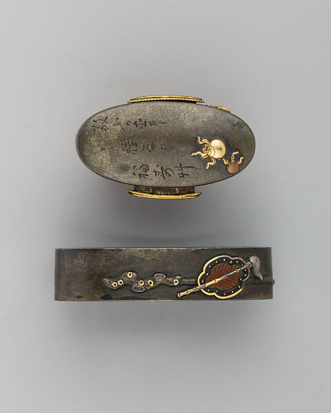 Sword-Hilt Collar and Pommel (Fuchigashira), Copper-silver alloy (shibuichi), gold, Japanese 