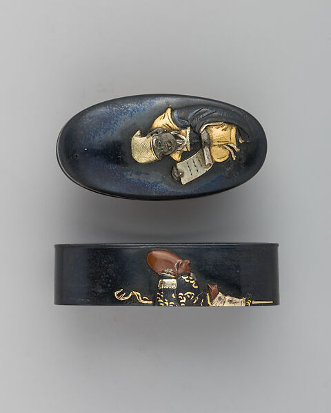 Sword-Hilt Collar and Pommel (Fuchigashira), Copper-gold alloy (shakudō), gold, copper-silver alloy (shibuichi), Japanese 