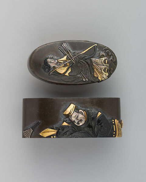 Sword-Hilt Collar and Pommel (Fuchigashira), Copper-silver alloy (shibuichi), gold, Japanese 