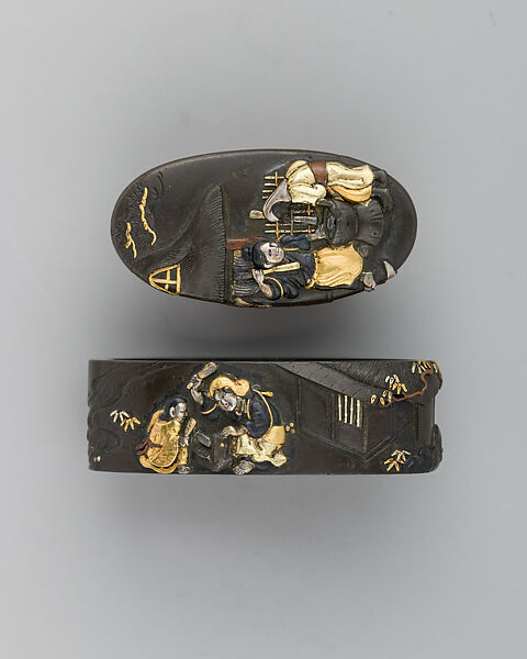 Sword-Hilt Collar and Pommel (Fuchigashira), Copper-silver alloy (shibuichi), gold, Japanese