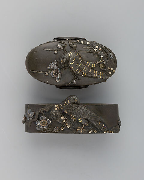 Sword-Hilt Collar and Pommel (Fuchigashira), Copper-silver alloy (shibuichi), gold, Japanese 