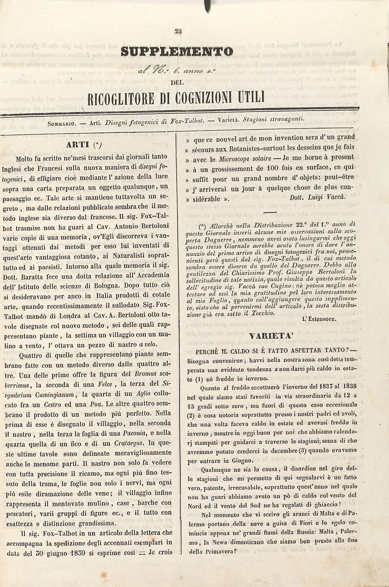 [Supplemento al no. 6 anno 2o del Ricoglitore di Cognizioni Utili (15 July 1839), p. 25], Ink on paper