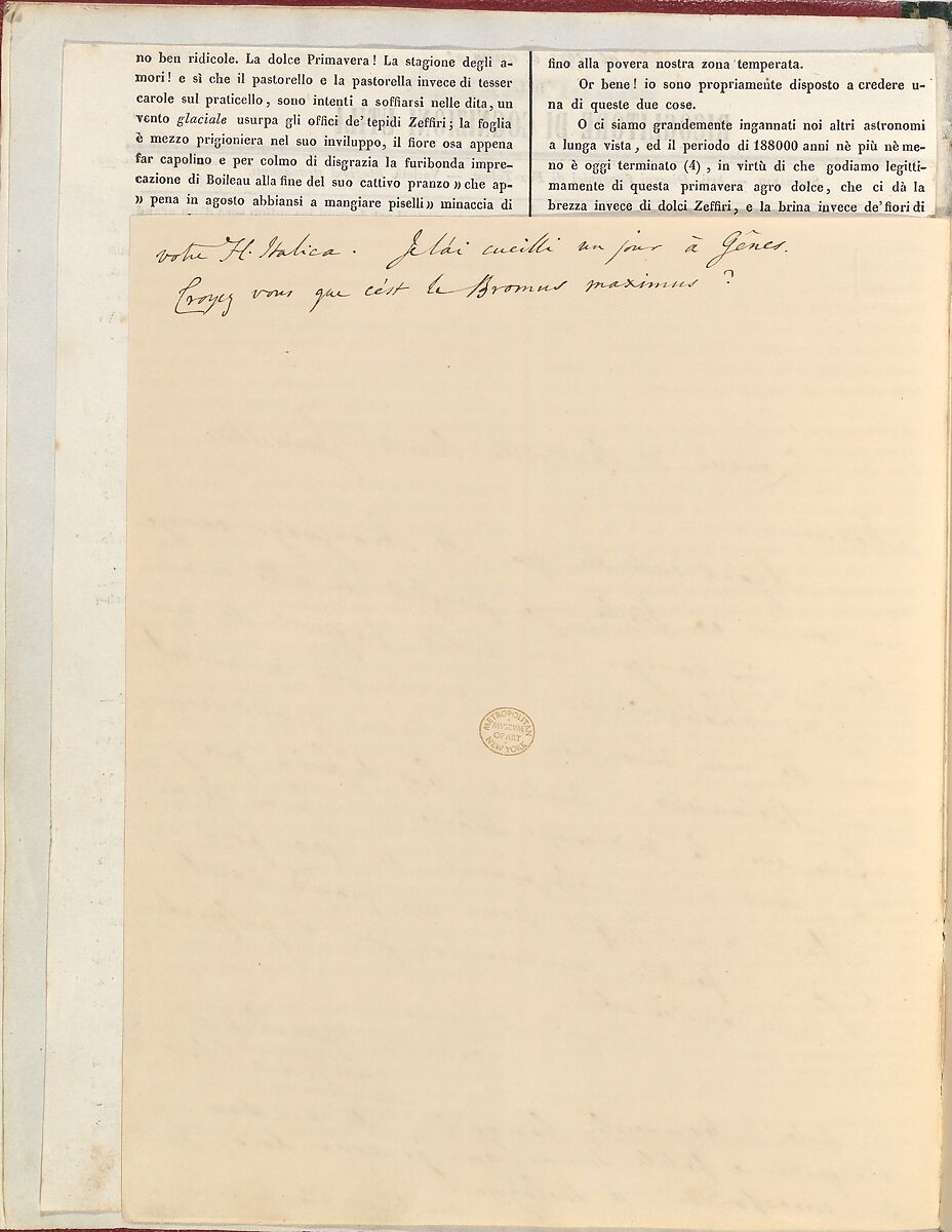 [Manuscript Letter from W. H. Fox Talbot to Antonio Bertoloni], William Henry Fox Talbot (British, Dorset 1800–1877 Lacock), Ink on paper (manuscript)