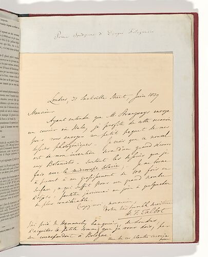 [Manuscript Letter from W. H. Fox Talbot to Antonio Bertoloni]