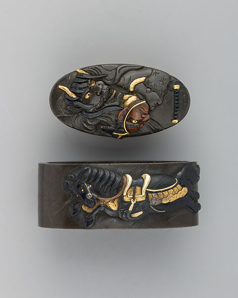 Sword-Hilt Collar and Pommel (Fuchigashira), Copper-gold alloy (shakudō), gold, Japanese