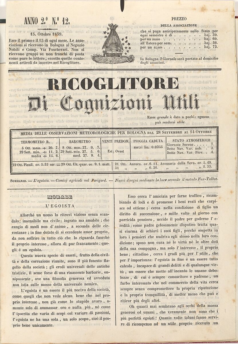 [Ricoglitore Di Cognizioni Utili. Anno 2o, No. 12 (15 October 1839), p. 50], Ink on paper