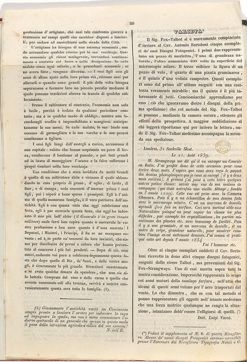 [Ricoglitore Di Cognizioni Utili. Anno 2o, No. 12 (15 October 1839), p. 50], Ink on paper