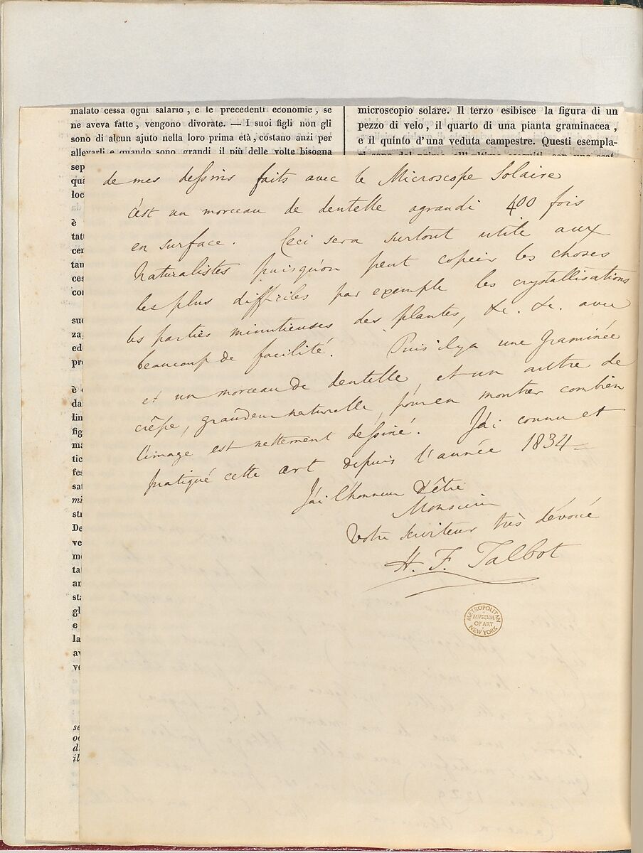 [Manuscript Letter from W. H. Fox Talbot to Antonio Bertoloni], William Henry Fox Talbot (British, Dorset 1800–1877 Lacock), Ink on paper (manuscript)