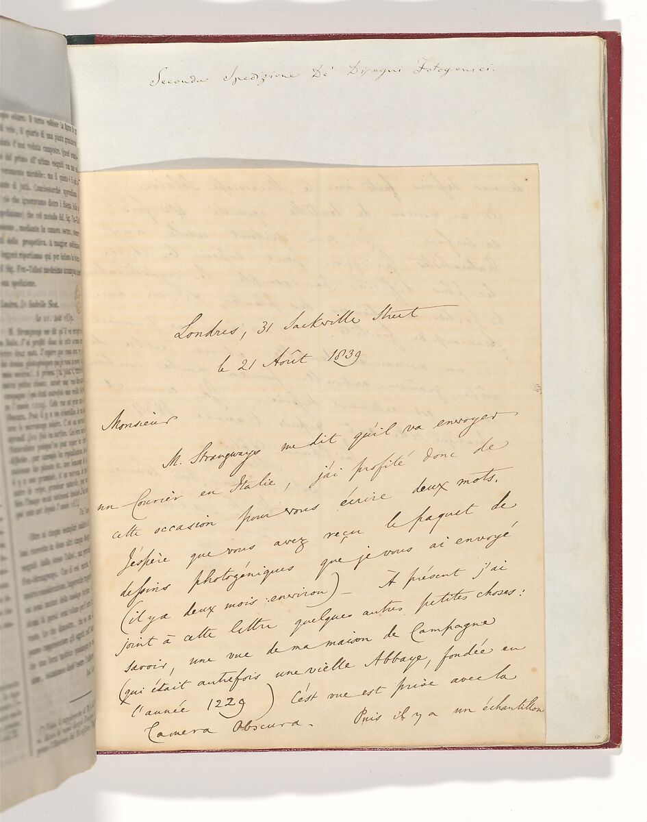 [Manuscript Letter from W. H. Fox Talbot to Antonio Bertoloni], William Henry Fox Talbot (British, Dorset 1800–1877 Lacock), Ink on paper (manuscript) 