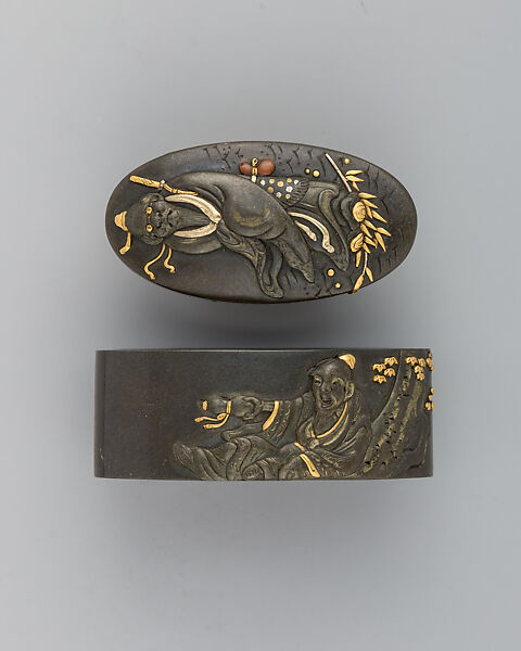 Sword-Hilt Collar and Pommel (Fuchigashira), Copper-silver alloy (shibuichi), gold, Japanese 
