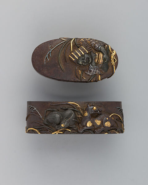 Sword-Hilt Collar and Pommel (Fuchigashira), Iron, gold, copper-gold alloy (shakudō), Japanese 