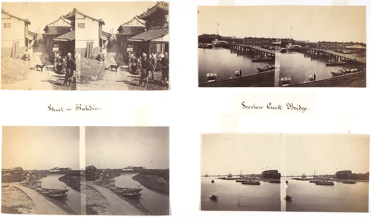 Street in Kadhin; Foochow Creek Bridge; Country View; Shanghai, Attributed to John Thomson (British, Edinburgh, Scotland 1837–1921 London), Albumen silver print from glass negative 