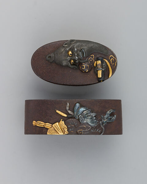 Sword-Hilt Collar and Pommel (Fuchigashira), Iron, gold, copper-silver alloy (shibuichi), Japanese 
