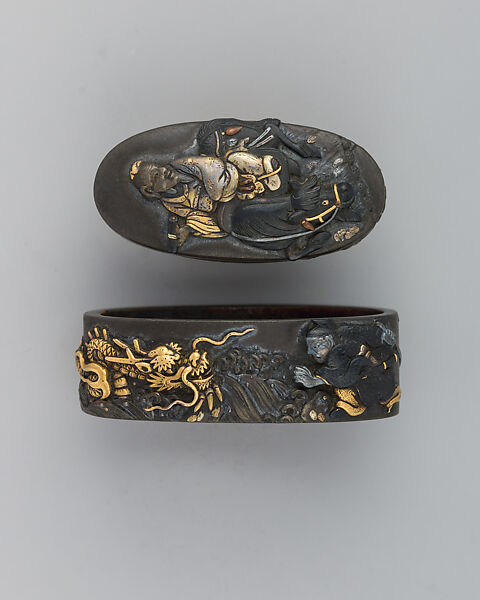 Sword-Hilt Collar and Pommel (Fuchigashira), Copper-gold alloy (shakudō), gold, Japanese 